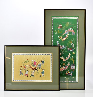 Lot 1355 - Two Chinese silk panels, the larger decorated...
