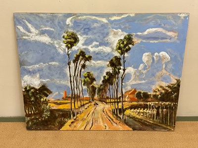 Lot 148 - UNATTRIBUTED; an acrylic on board, tree lined...
