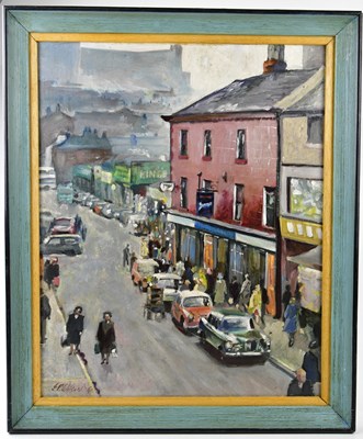 Lot 1567 - J F WILSON; oil on board, street scene, signed...