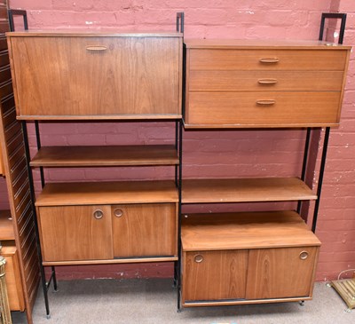Lot 1708 - AVALON; a mid-century teak shelf and cupboard...