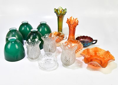 Lot 1378 - CARNIVAL GLASS; six pieces, five green glass...
