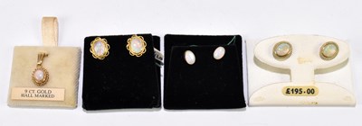 Lot 1487 - Three pairs of 9ct yellow gold oval opal...