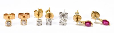 Lot 1514 - Three pairs of 9ct yellow gold earrings and a...