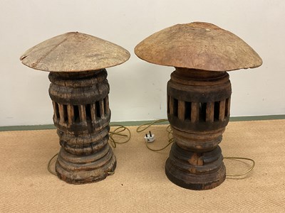 Lot 450 - A pair of rustic wooden lamps constructed from...