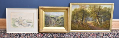 Lot 1526 - H JAMES; oil on canvas, woodland landscape,...