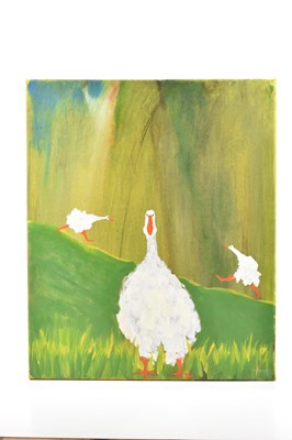 Lot 1579 - JACOB SUTTON; oil on canvas, geese, unsigned,...