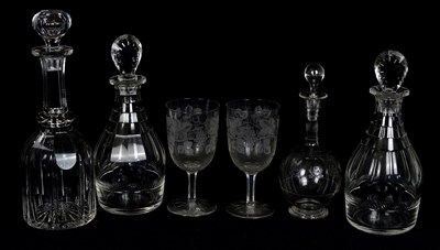 Lot 1598 - Three cut glass decanters, height of largest...