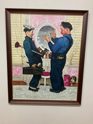 Lot 1479 - AFTER NORMAN ROCKWELL; large oil on canvas,...