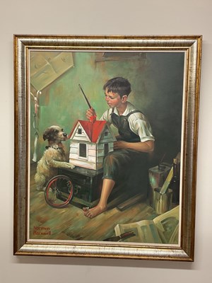 Lot 1481 - AFTER NORMAN ROCKWELL; large oil on canvas,...