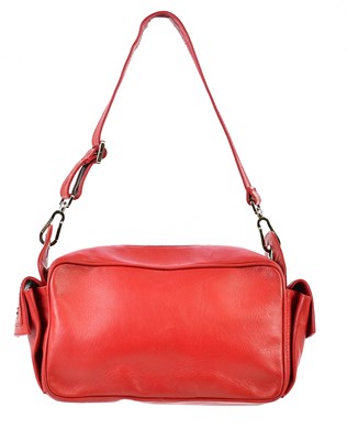 Lot 757 - BURBERRY; a red leather camera bag with...