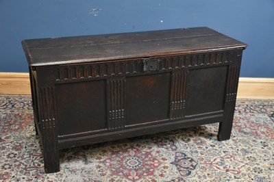 Lot 54 - An 18th century oak three panel coffer, height...