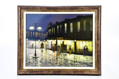 Lot 1702 - BARRY HILTON; oil on canvas, street scene,...