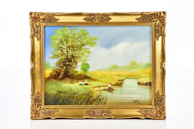 Lot 1662 - BARRY HILTON; oil on canvas, river scene,...