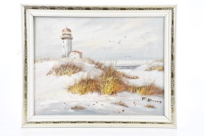 Lot 1675 - F BOVEY; oil on canvas, lighthouse scene,...