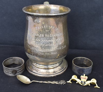 Lot 568 - A hallmarked silver mug inscribed 'Presented...