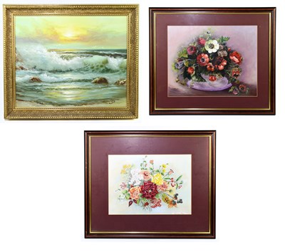 Lot 1083 - STEVENS; oil on canvas, waves breaking upon a...