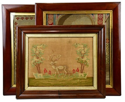 Lot 1406 - Three 19th century needlework pictures,...