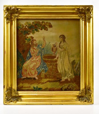 Lot 1399 - A 19th century crewelwork on silk panel...