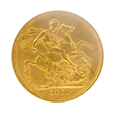 Lot 604 - A Victorian full sovereign, 1875, young head,...