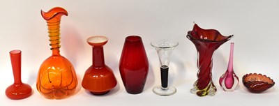 Lot 408 - Seven studio glass vases, mainly orange and...