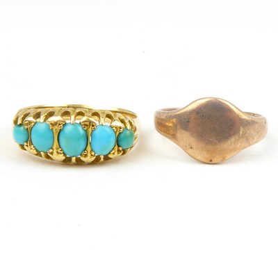 Lot 703 - An 18ct gold ring set with turquoise beads,...
