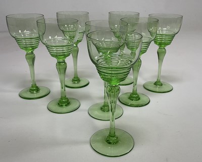 Lot 522 - STUART CRYSTAL; eight green Art Deco hock...