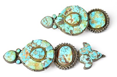 Lot 1022 - A pair of Tibetan turquoise ear jewels, with...