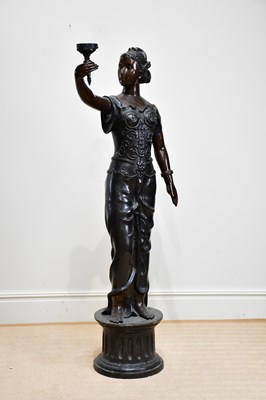 Lot 1433 - A large bronze lamp modelled as a maiden...