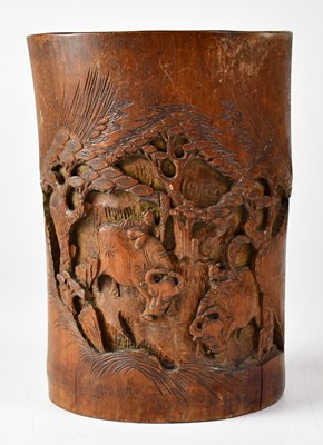 Lot 430 - A Japanese bamboo brush pot carved with...