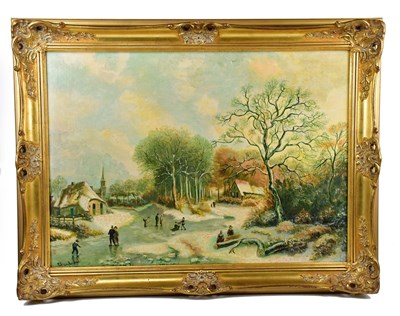 Lot 1667 - UNATTRIBUTED; oil on canvas, figures skating...