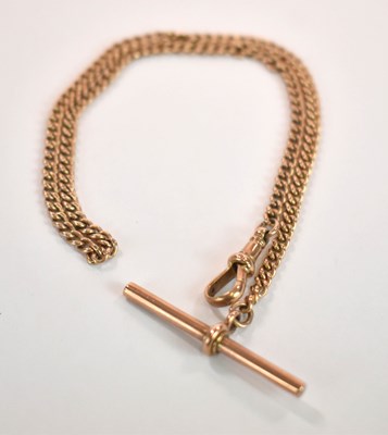 Lot 1144 - A 9ct yellow gold fob chain with T-bar and...