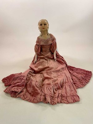 Lot 398 - A large French boudoir doll with velvet dress,...