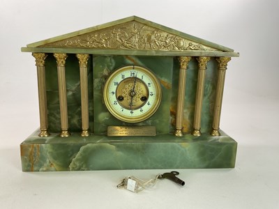 Lot 1367 - A green onyx mausoleum mantel clock with...