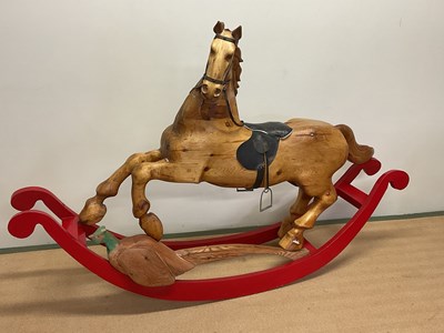 Lot 401 - A rare side facing pine sleigh rocking horse,...