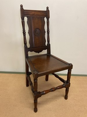 Lot 698 - A 19th century oak panel back side chair with...