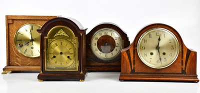 Lot 1511 - BRAVINGTONS; an oak cased mantel clock set...