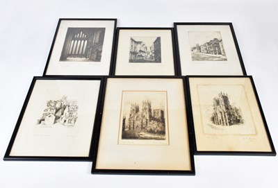 Lot 1582 - R A RISELEY; six etchings including 'Five...