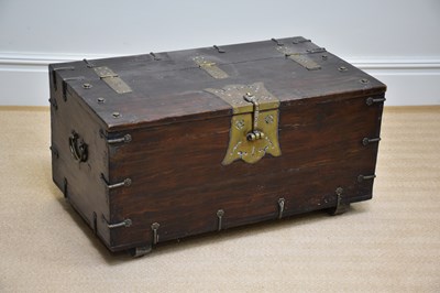 Lot 1032 - A Chinese brass applied stained pine chest...