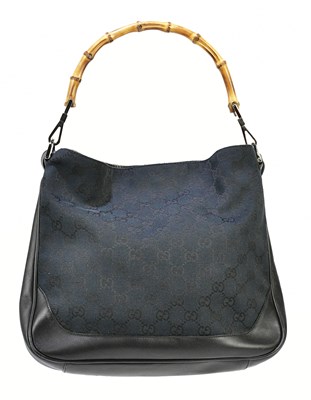 Lot 727 - GUCCI; a black monogram canvas GG handbag with...