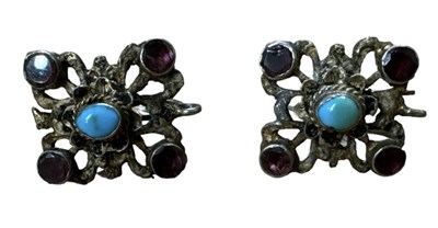 Lot 1533 - A pair of ornate sterling silver turquoise and...