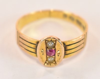 Lot 1162 - A 15ct gold pearl and ruby ring, size P,...