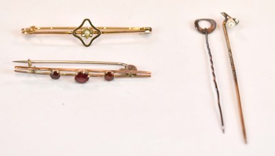 Lot 1171 - Two yellow metal bar brooches and two yellow...