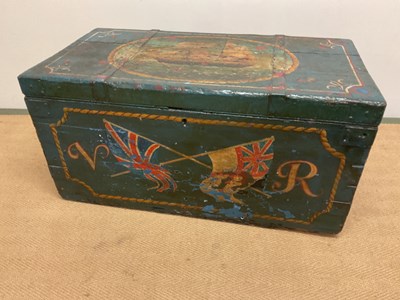 Lot 615 - A large painted pine seaman's chest decorated...