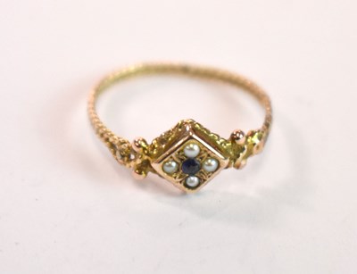 Lot 1203 - A 9ct yellow gold seed pearl and sapphire ring,...