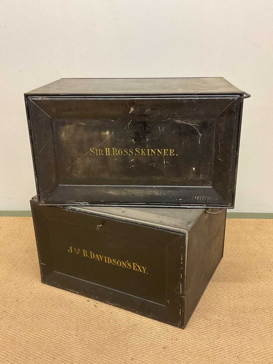 Lot 82 - Two early 20th century metal deeds boxes, with...