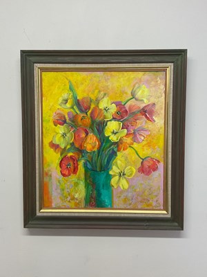 Lot 199 - MARTIN DUTTON; oil on board, 'Tulips', signed,...