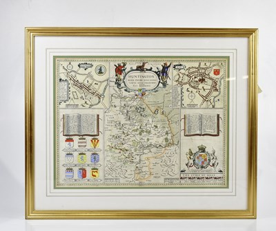 Lot 1742 - JOHN SPEED; a hand tinted map, 'Huntington',...
