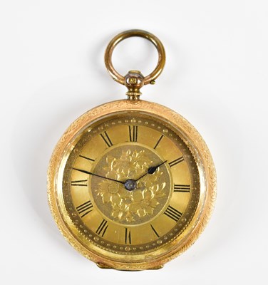 Lot 654 - A yellow metal lady's open face fob watch, the...