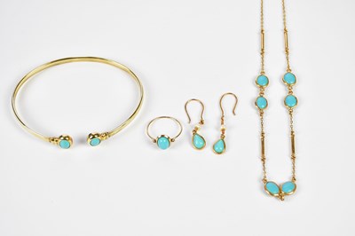 Lot 1196 - A suite of 14ct yellow gold and turquoise set...