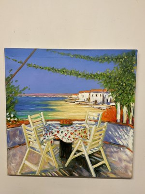 Lot 1526 - KEN DEVINE; oil on canvas, 'French Scene II -...